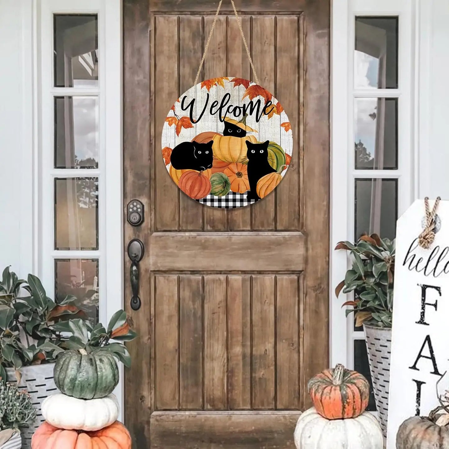 Welcome Fall Black Cat Door Sign
