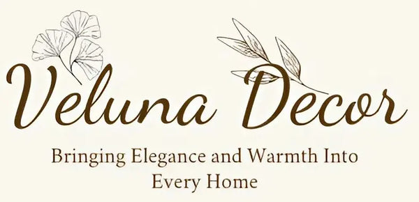 Veluna Decor logo with decorative elements on a beige background