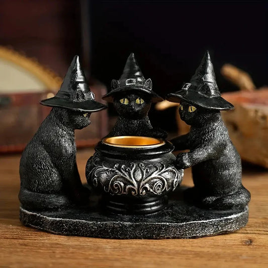 Halloween Witches Cat Cauldron Tea Light Holder
