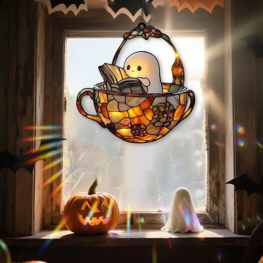 Halloween Ghost Reading Book Suncatcher
