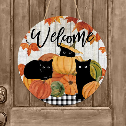 Welcome Fall Black Cat Door Sign