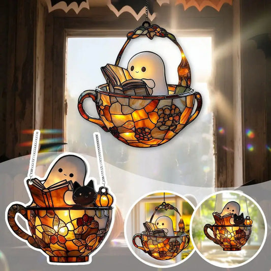 Halloween Ghost Reading Book Suncatcher
