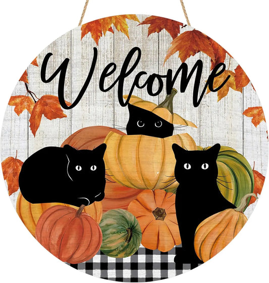 Welcome Fall Black Cat Door Sign