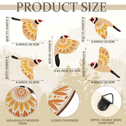 5 Pcs Wooden Bird Wall Art