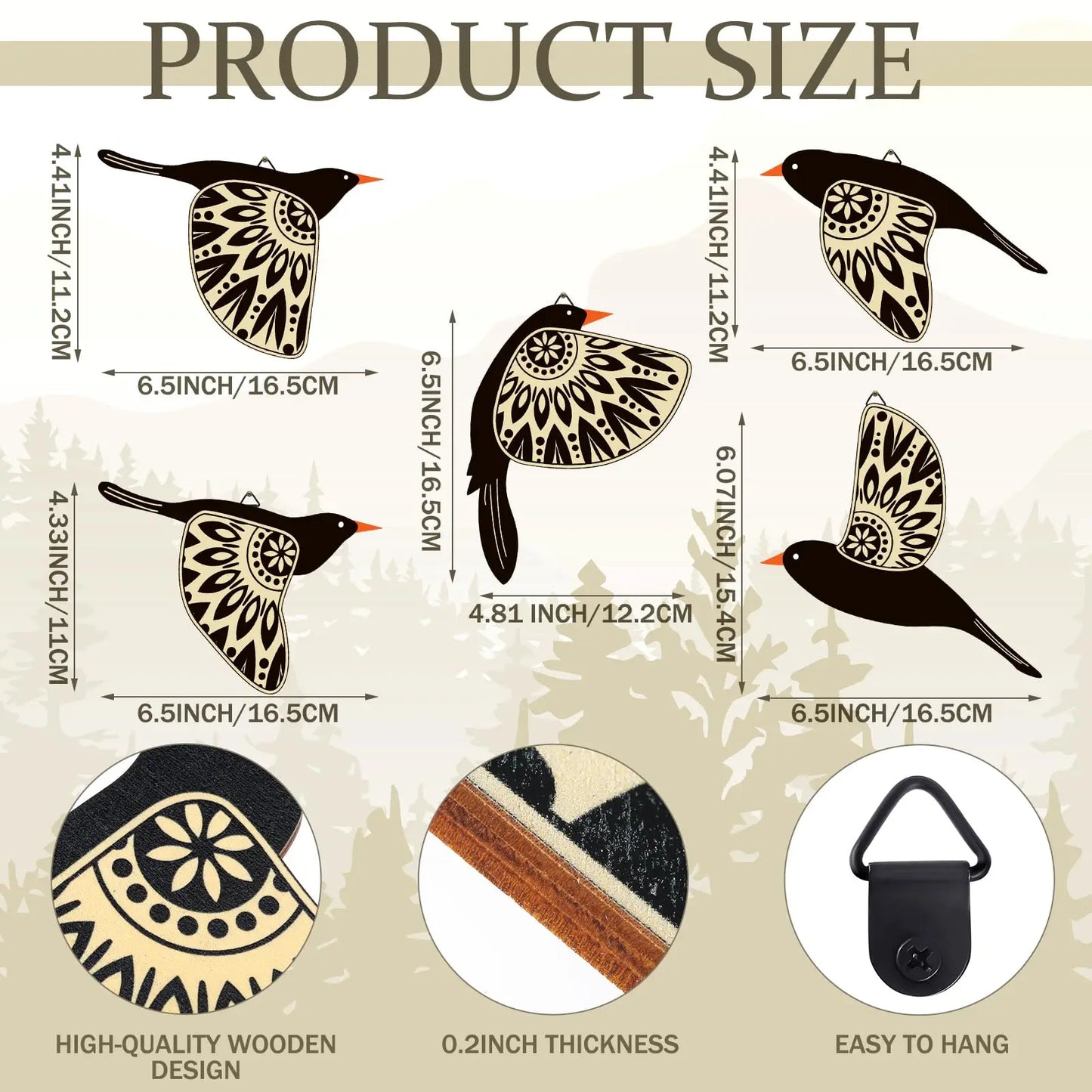 5 Pcs Wooden Bird Wall Art
