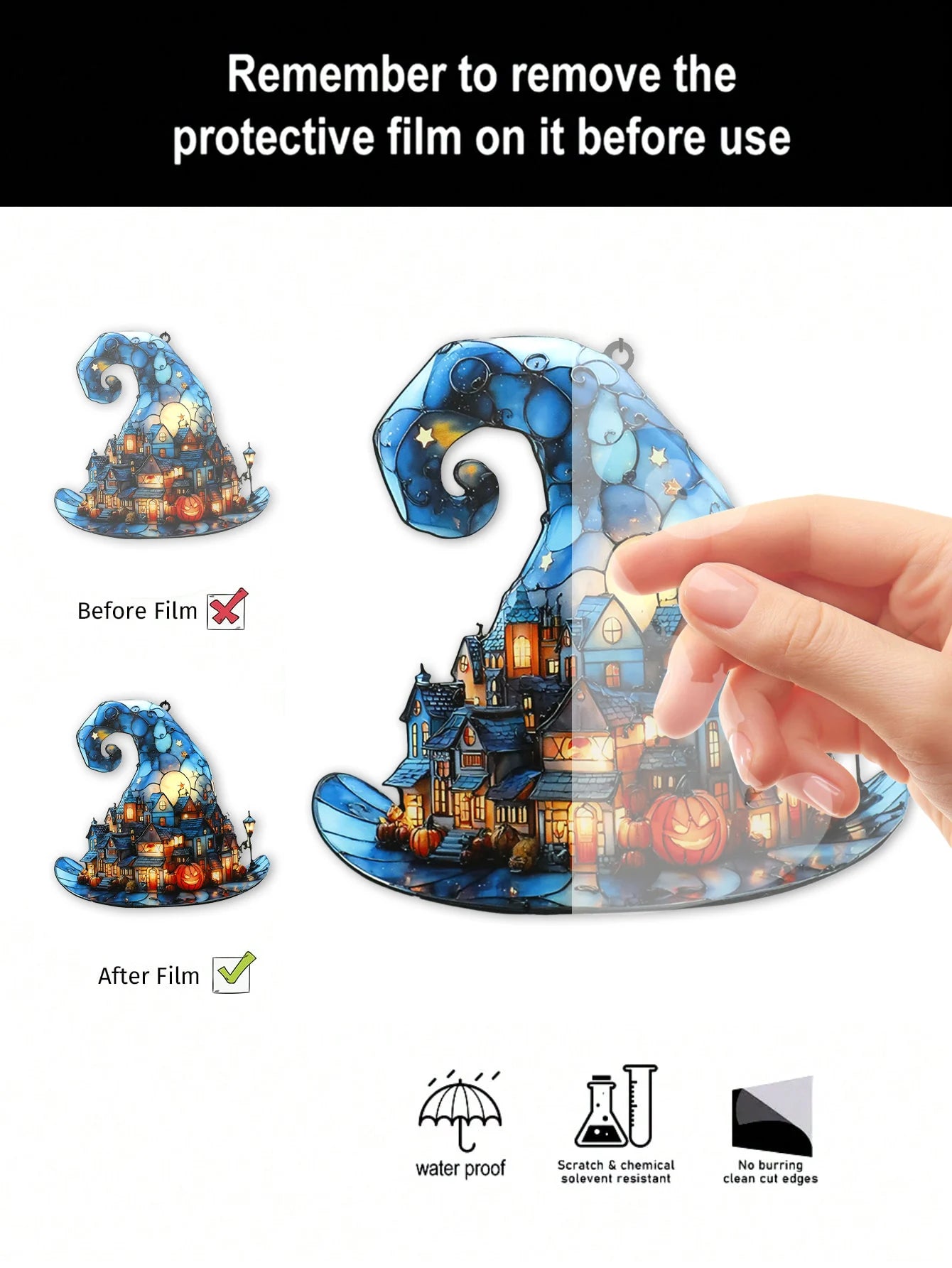 Halloween-themed puzzle with protective film being peeled off, showing a hand and product details.