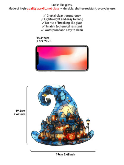 Decorative witch hat with a house design, measurements, and product features on a white background.