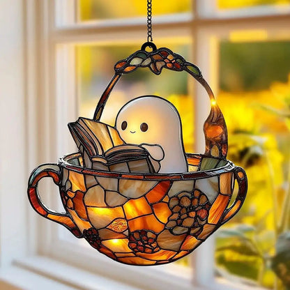 Halloween Ghost Reading Book Suncatcher