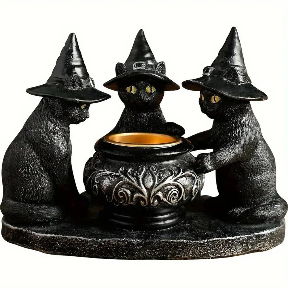 Halloween Witches Cat Cauldron Tea Light Holder