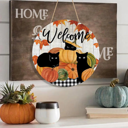 Welcome Fall Black Cat Door Sign