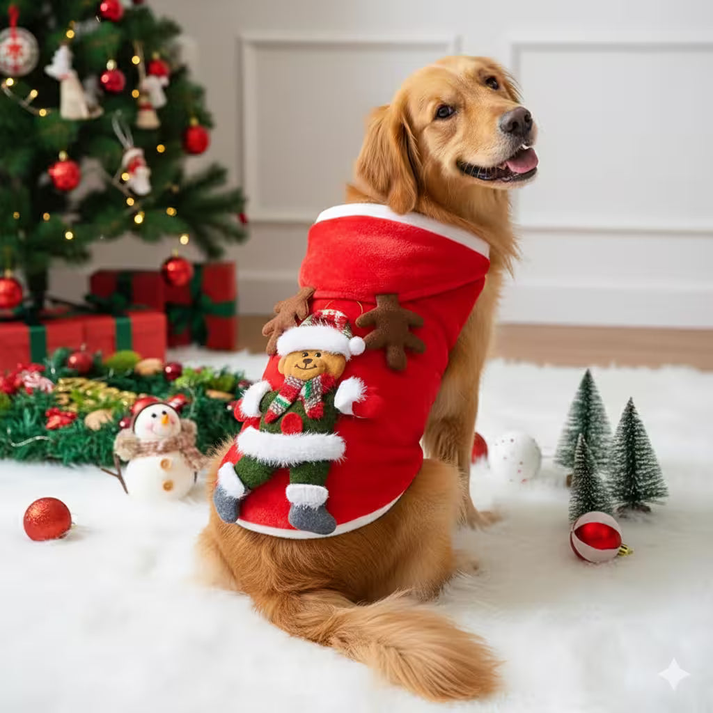 Dog wearing a Christmas stocking with a teddy bear toy, surrounded by festive decorations.