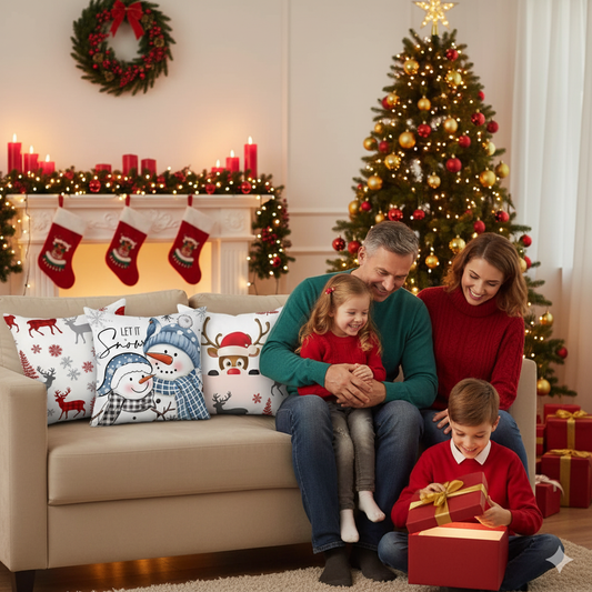 Family gathered on a couch in a living room decorated for Christmas.
